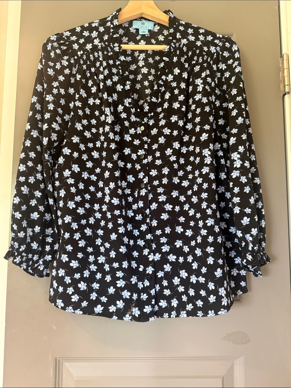 CeCe Black Button-Front Blouse with Light Blue Floral Print